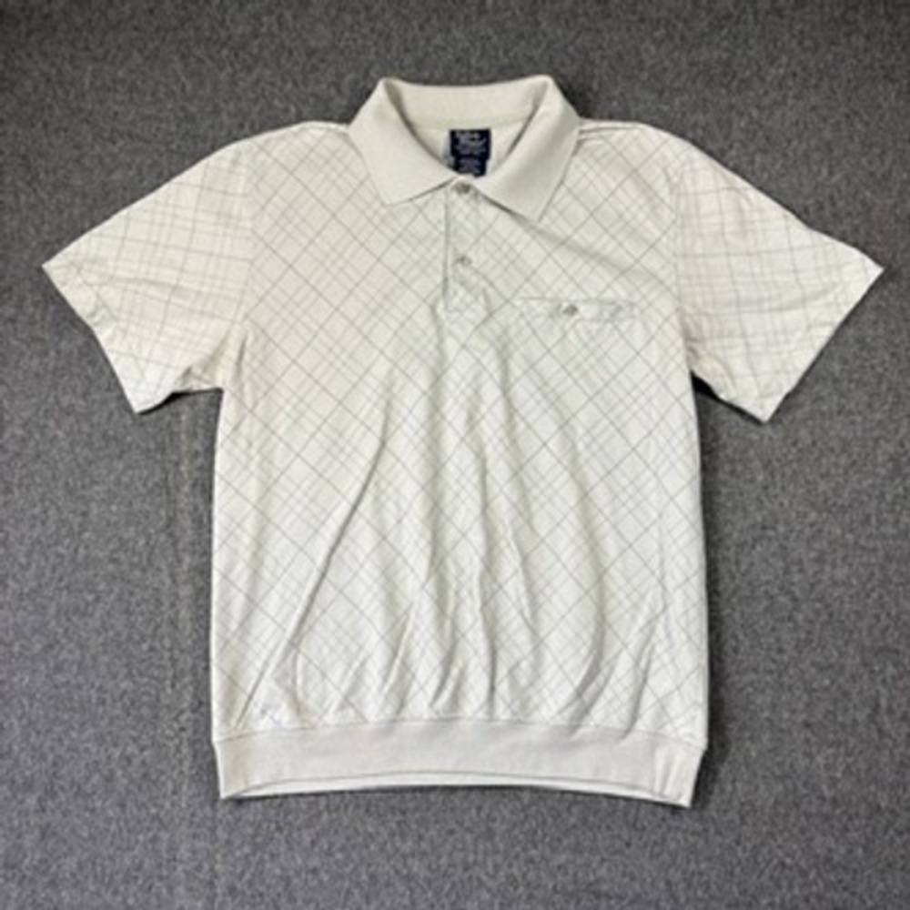 Vintage John Blair Medium Cream Grid Pattern Banded Bottom Polo Shirt \